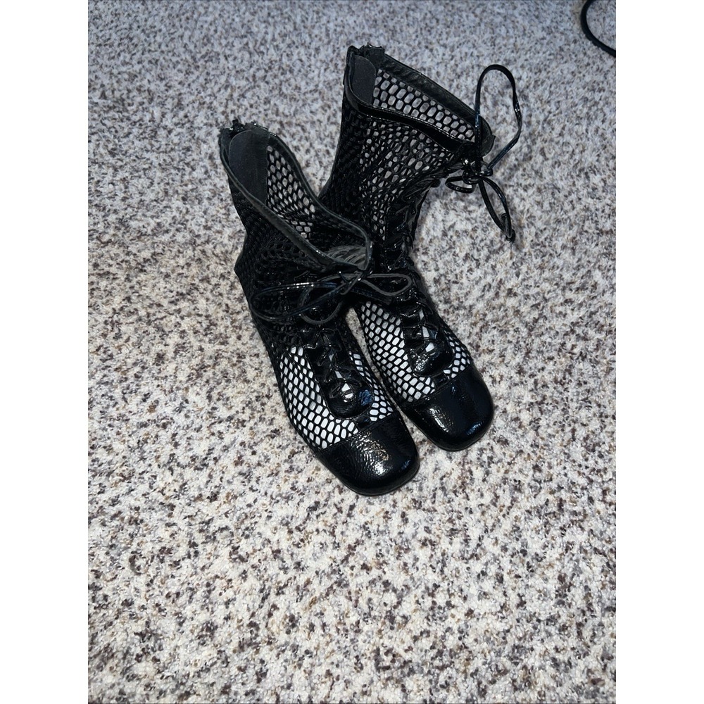JEFFREY CAMPBELL Woman Square Toe Bootie Sz 7 Black Mesh/Leather Zip Back